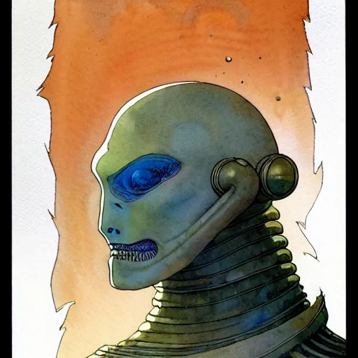 Prompt: a simple and atmospheric watercolour portrait of a pulp sci - fi alien emperor, very muted colors, by rebecca guay, michael kaluta, charles vess and jean moebius giraud