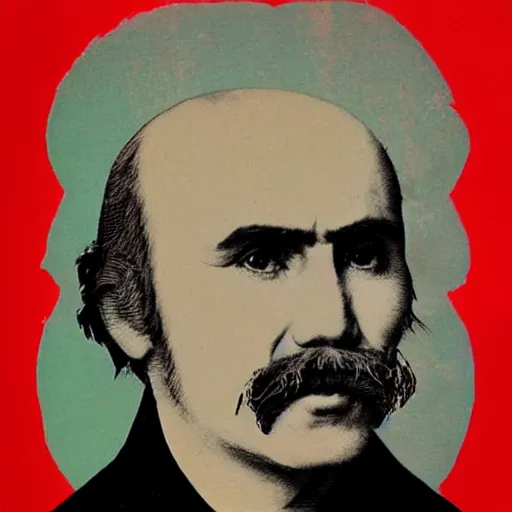 Image similar to taras shevchenko. face like in his portraits. old, balding, very long moustache. intricate sticker design by andy warhol