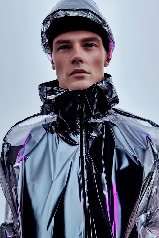 Image similar to an ultra high definition professional high fashion portrait studio full length photograph of a male model wearing a transparent pearlescent raincoat and neon visor in an icelandic black rock environment at dawn. no artefacts. extremely detailed. stark. refraction. shallow depth of field. volumetric light and shadow. ray tracing. light rays.