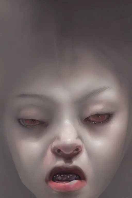 Image similar to breathtaking detailed horror painting of creepy crying woman , with anxious, piercing eyes, art by Hsiao-Ron Cheng, Ja Miyazaki, dramatic lightning, hyperrealistic, octane render, ambient light, dynamic lighting