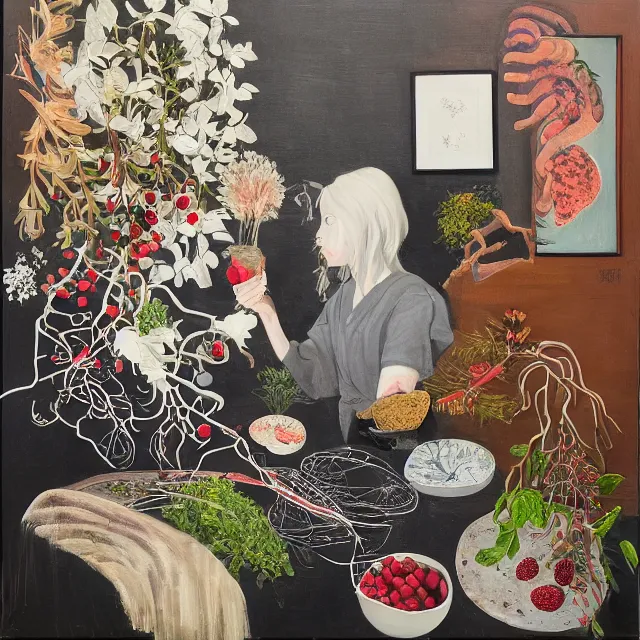 Prompt: a portrait in a female artist's kitchen, a woman holding berries, herbs, japanese pottery, australian wildflowers as ikebana, a glowing brain with electrical wires, smokey burnt love letters, candles, feminine, organic, octopus, squashed berries, pancakes, black underwear, neo - expressionism, surrealism, acrylic and spray paint and oilstick on canvas