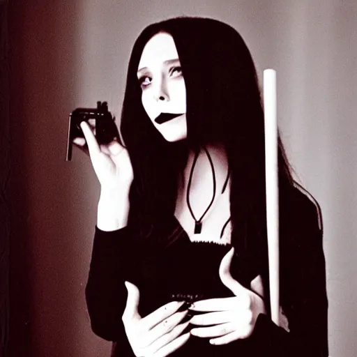 Prompt: 3 5 mm photograph of elizabeth olsen dressed up as a a goth emo girl, vhs footage