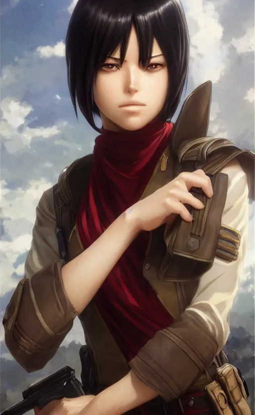 Image similar to mikasa ackerman, hero pose, medium shot, bokeh, beautiful face!!!!, 2 7 years old, cg animation, lifelike, animated, realistic, character select portrait, by artgerm, greg rutkowski, alphonse mucha, 3 d