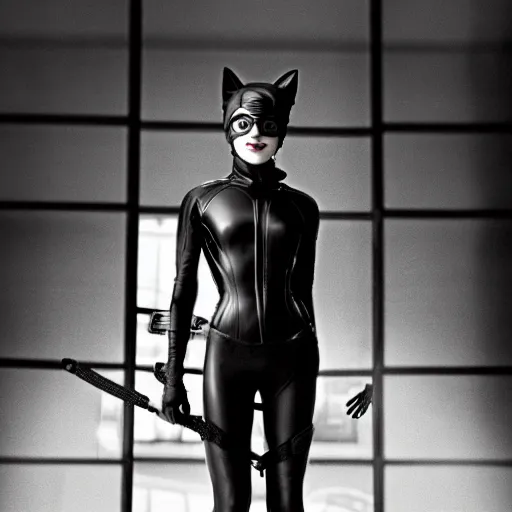 Image similar to Emma Watson as Catwoman, XF IQ4, 150MP, 50mm, f/1.4, ISO 200, 1/160s, natural light, Adobe Lightroom, photolab, Affinity Photo, PhotoDirector 365, filling the frame, rule of thirds, framing, symmetrical balance, depth layering