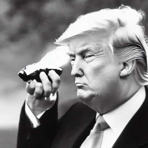 Image similar to Donald Trump holds a machine gun with an eagle on his shoulder, hd, dramatic, patriotic
