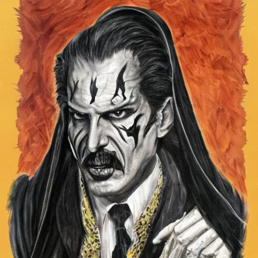 Image similar to vincent price as billionaire howard hughes in long black feathered cloak, black hands tipped with black claws, feathers growing out of skin, being abusive and angry, vivid, mike mignogna, illustration, highly detailed, rough paper, dark, oil painting