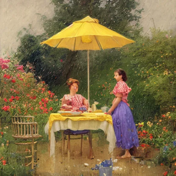 Image similar to a housewife and her daughter putting dishes on a table in the backyard, a tilted parasol sits above the table, a garden with colorful flowers in the background, rainy scene, cozy 1 9 5 0's, medium symmetry, by greg rutkowski, by ilya repin, extreme detail, 8 k, intricate abstract, photorealistic