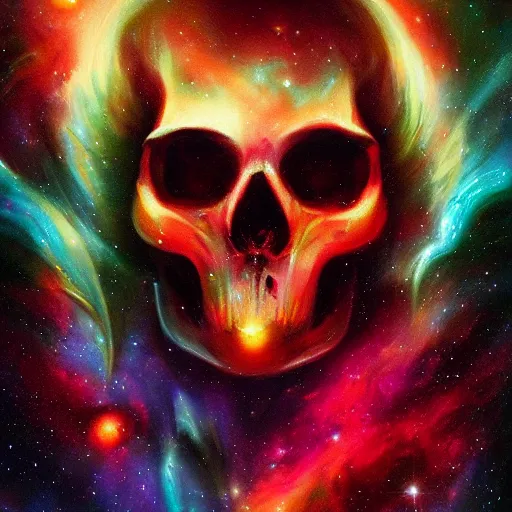 Prompt: the flow of the nebula universe is what forms the ancient preist skull, by ross tran, oil on canvas