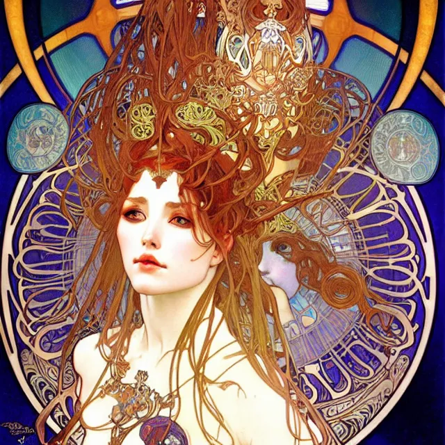 Prompt: realistic detailed face portrait of a beautiful futuristic priestess in opulent alien ritual armor by alphonse mucha, ayami kojima, amano, greg hildebrandt, and mark brooks, female, feminine, art nouveau, cyberpunk, neo - gothic, gothic, character concept design