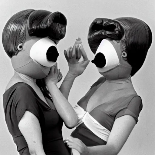 Prompt: 1969 twin women on tv show wearing an inflatable mask long prosthetic snout nose with googly eyes, soft color wearing a swimsuit at the beach 1969 color film 16mm holding a hand puppet Fellini John Waters Russ Meyer Doris Wishman old photo