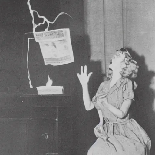 Prompt: photo of a housewife summoning a unspeakable demonic manifestation, newspaper photo, 1946