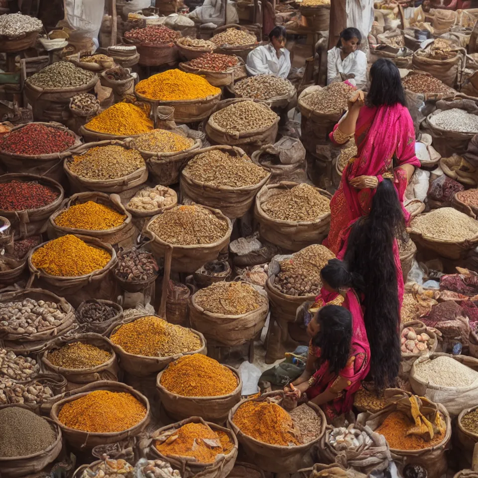 Image similar to young indian woman standing in a spice market weighing out spices, masterful intricate artwork, high detail 8 k