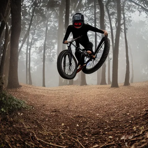 Prompt: a pro bmx biker doing tricks in a haunted forest filled with twisting old trees, vines, fog and creepy lighting