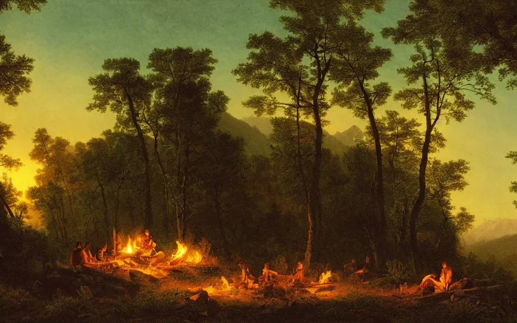 Image similar to campfire on the edge of a forest overlooking a beautiful valley at dusk, cinematic lighting, intricate ink illustration, by albert bierstadt