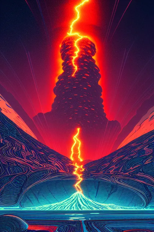 Prompt: artwork by kilian eng and toshi yoshida showing a futuristic powerstation!! in front of a ( ( exploding volcano ) ), vintage scifi, high details, dramatic lightning,, 8 k