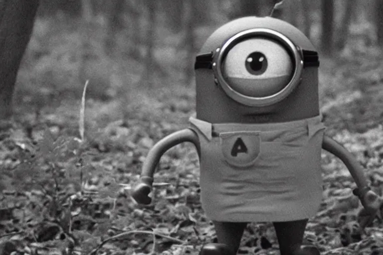 Prompt: a vhs still of a minion in blair - witch project ( 1 9 9 9 ), real life, chromatic abberation, desaturated, noise, cinematic, detailed, move still, ultra realistic face, accurate, 8 k, hd