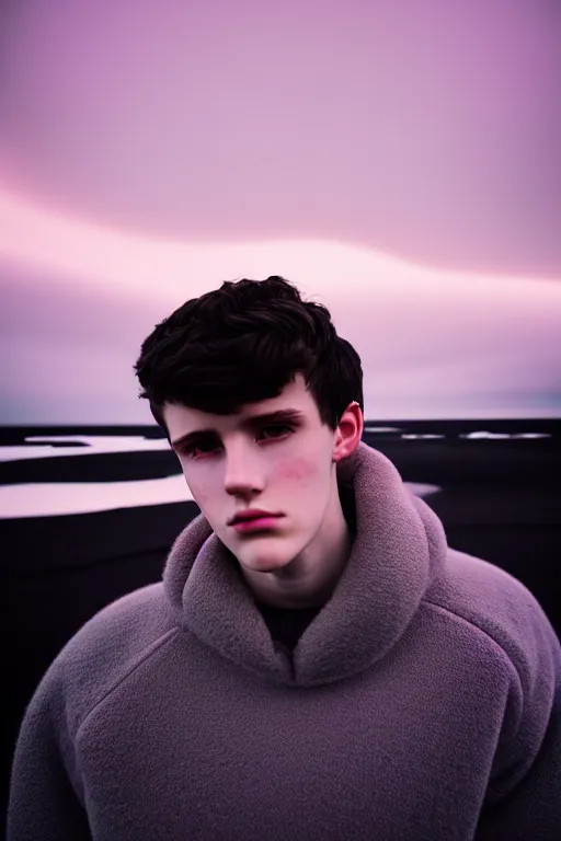 Image similar to high quality pastel coloured film mid angle selfie photograph of a beautiful young 2 0 year old male, soft features, short black hair, standing in an icelandic black rock environment. atmospheric. subsurface scattering. three point light. photographic. art directed. ( pastel colours ). volumetric light. clearcoat. waves glitch. 8 k. filmic.