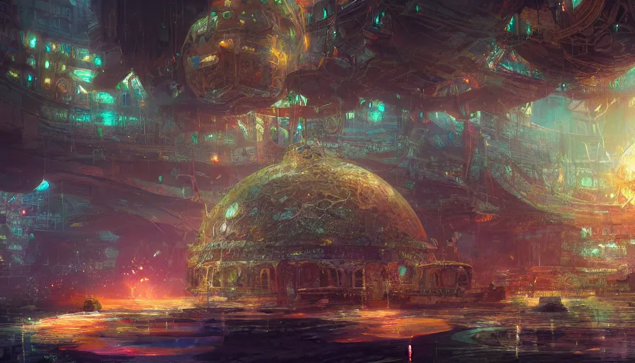 Image similar to Underwater city under a dome with neons by Craig Mullins, hyperdetailed, artstation, cgsociety, 8k