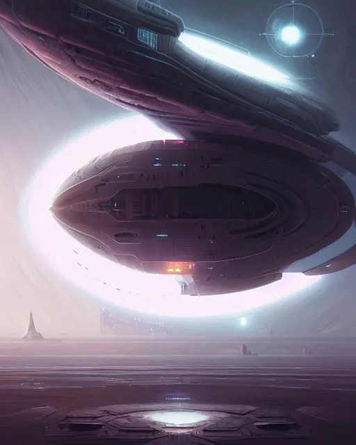 Image similar to professional ominous sci - fi concept art of a space ship touching down at a space station by artgerm and greg rutkowski ( thin white border ). an intricate, elegant, highly detailed digital painting, concept art, smooth, sharp focus, illustration, in the style of simon stalenhag wayne barlowe, igor kieryluk.