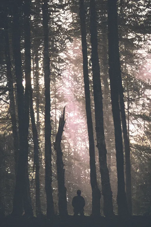 Prompt: kodak portra 4 0 0 photograph of a guy with deer antlers standing in a dark fantasy forest, back view, lens flare, moody lighting, moody vibe, telephoto, 9 0 s vibe, blurry background, grain, tranquil, calm, faded!,