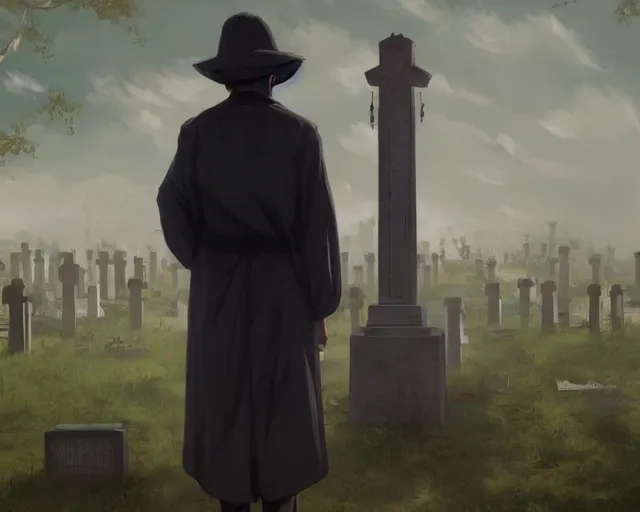 Image similar to a 50 year old brunnete chinese man Standing at a funeral in a cemetery next to the grim reaper, horror scene, dramatic, anime art, Greg Rutkowski, studio ghibli, dramatic lighting