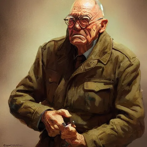 Prompt: old man portrait, ww 2 hand grenade in his left hand, he pulling pin, greg rutkowski art