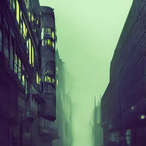 Prompt: 249. Dark City. Labyrinth. Highrise. Walking through the streets with no direction in mind. Escape not possible. Mist. Dark sky. Colorscheme dark green, dark yellow. Gradient. Low angle wide shot. Artstation