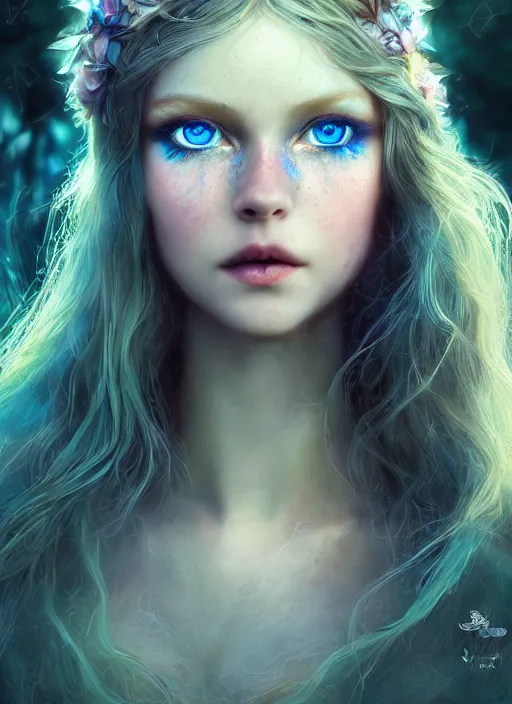 Image similar to portrait of a gorgeous fairy princess of the forest, perfect blue eyes, detailed iridescent fractal pattern skin, 8k render, ultra realistic, cinematic lighting, artstation, artgerm, Seb McKinnon