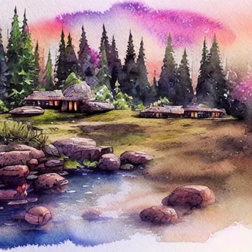Image similar to beautiful happy picturesque charming sci - fi organic homes in a beautiful natural scene. water, trees and rocks. beautiful light. grainy and rough. soft colour scheme. beautiful artistic detailed watercolor by lurid. ( 2 0 2 2 )