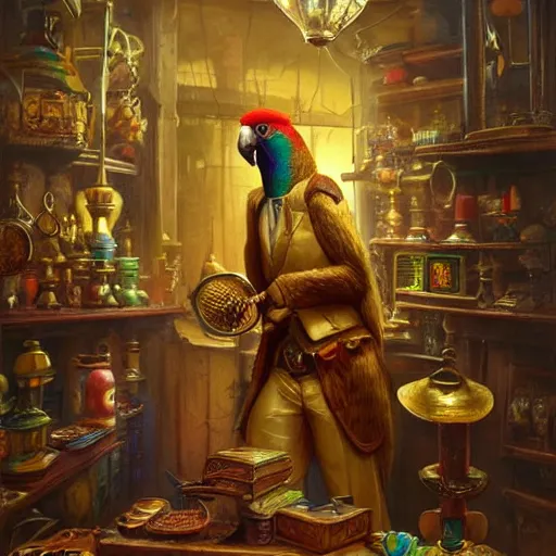 Image similar to A Anthropomorphized parrot trader in his shop, selling his wares, portrait, items, gold, carpet, window, sly expression, cunning expression, D&D, fantasy, intricate, cinematic lighting, highly detailed, digital painting, artstation, concept art, smooth, sharp focus, illustration, art by Greg Rutkowski