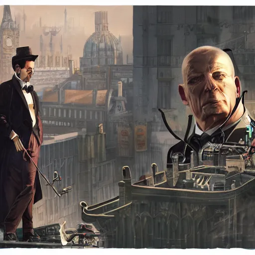 Image similar to [UHD Professor Moriarty as a GTA villain on on a London rooftop in futuristic steampunk London, correct faces, intricate, elegant, graphic detail, digital painting, trending on artstation, concept art, tonalism, sharp focus, illustration, art by Annie Leibowitz and Greg Rutkowski and Alphonse Mucha]