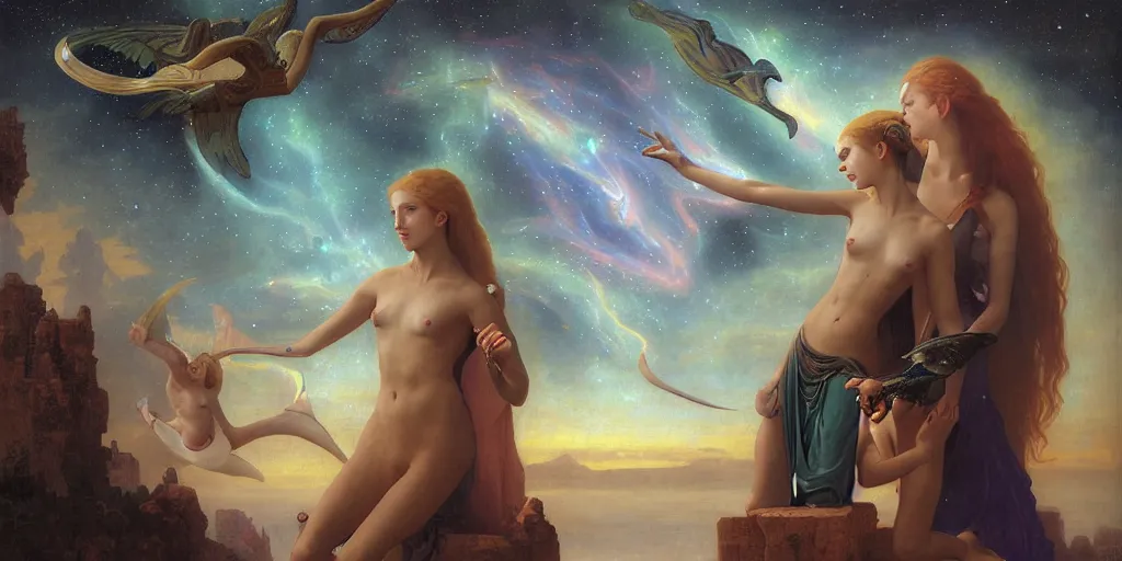 Image similar to oil portrait painting, etheric majestic beautiful females, hybrid atlantean elsa jean, fantasy warrior, epic battle, great anubis leviathan turtle, stellar space, cosmic celestial castle, universe, nebula, birds eye view, digital art, airbrush, regal, refined, theophanic atmosphere, william - adolphe bouguereau, michael whelan, unreal engine, 8 k hd