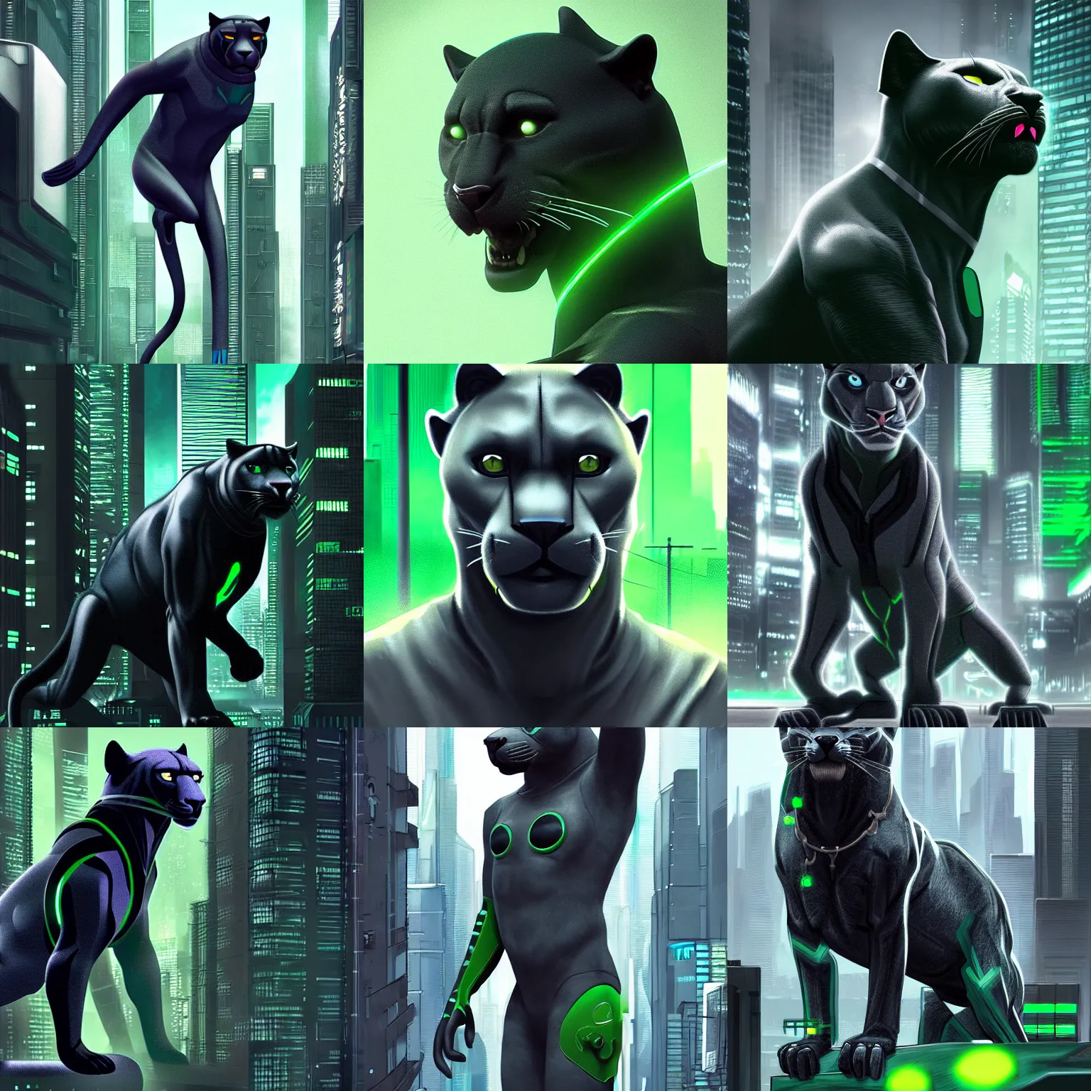 Prompt: grey anthropomorph panther with green and black hair in cyberpunk city, artstation, hyperrealistic