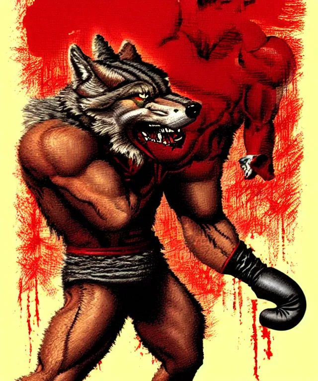 Image similar to extreme long shot. 8 bit nes graphics. antropomorphic muscular masculine wolf. kickboxer fighter, in shorts. wolf head. fine details, very sharp, art from nes game cartridge, marc simonetti and hermann nitsch