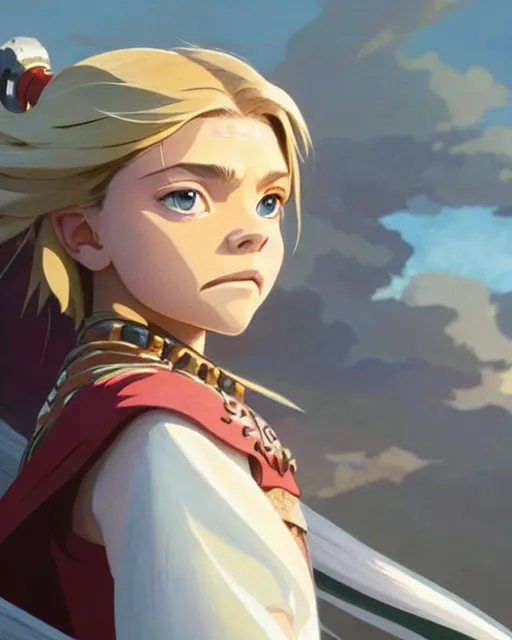 Image similar to chloe grace moretz as an azctec warrior, detailed perfect face, exquisite details, fire magic, mid view, design on a white background, by studio muti, greg rutkowski makoto shinkai takashi takeuchi studio ghibli