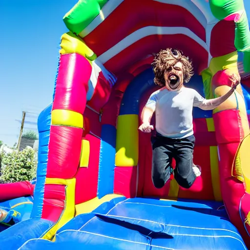 Image similar to peter dinklage jumping in a bouncey castle at a birthday party, ( sony a 7 r iv, symmetric balance, polarizing filter, photolab, lightroom, 4 k, dolby vision, photography awardm, voque, perfect face )