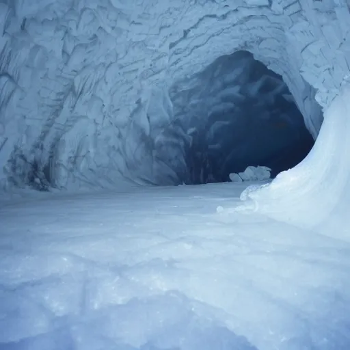 Image similar to dark glacier cave with a glowing spike of ice in the center, surreal,