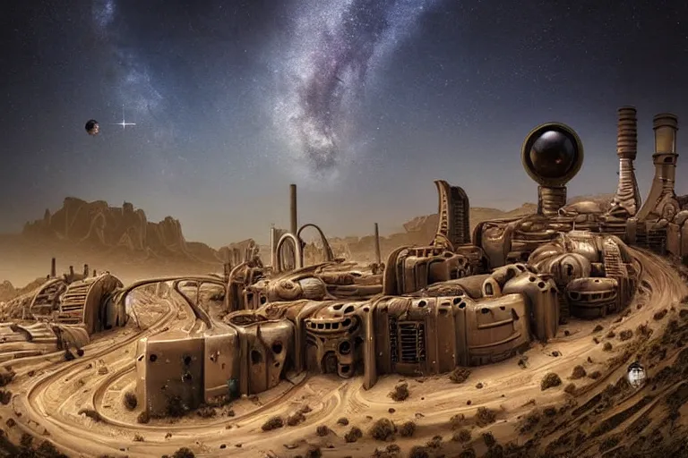 Image similar to sci - fi favela sculpture, art nouveau desert environment, industrial factory, cliffs, gloomy, milky way, award winning art, epic dreamlike fantasy landscape, ultra realistic,