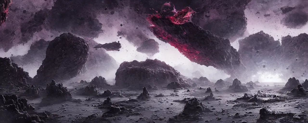 Image similar to ” asteroids made of blood and rats, [ bubbles, by wayne barlowe, cinematic, detailed, epic, widescreen, opening, establishing, mattepainting, photorealistic, realistic textures, octane render ] ”