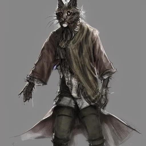 Image similar to dirty homeless humanoid cat wearing rags, concept art, d & d, fantasy, trending on artstation