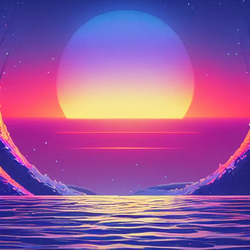 Image similar to neon sunset landscape ocean album cover, cartoon digital painting, detailed, beautiful brush stroke rendering, by beeple, by hayao miyazaki, by takashi murakami, by masahiro ito, 4 k wallpaper