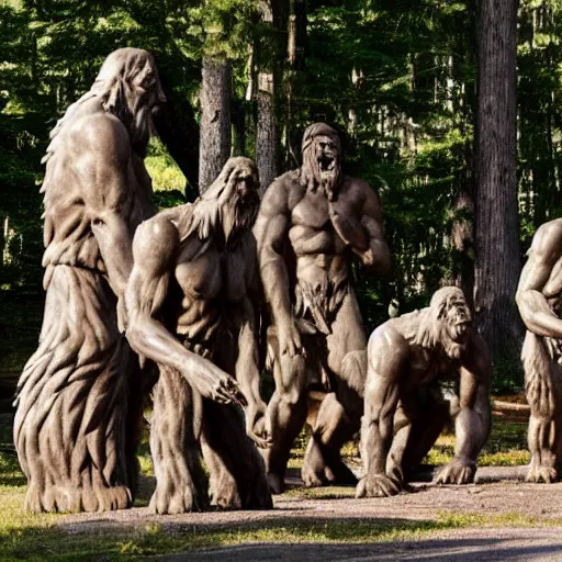 Prompt: group of occultist bowing worshipping a bigfoot statue