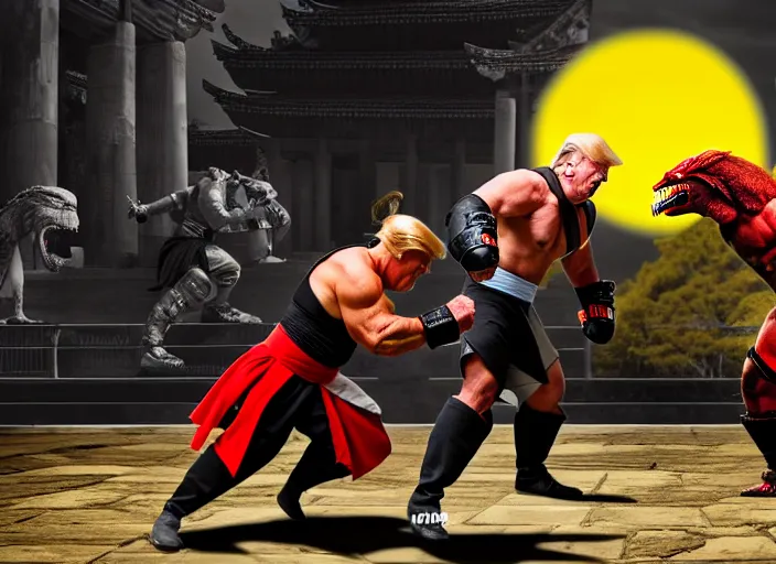 Image similar to 5 5 mm photo of trump fights biden in mortal kombat on the background of an ancient temple with a giant shao kahn laughing. fantasy magic style. highly detailed 8 k. intricate. lifelike. soft light. sony a 7 r iv 5 5 mm. cinematic post - processing