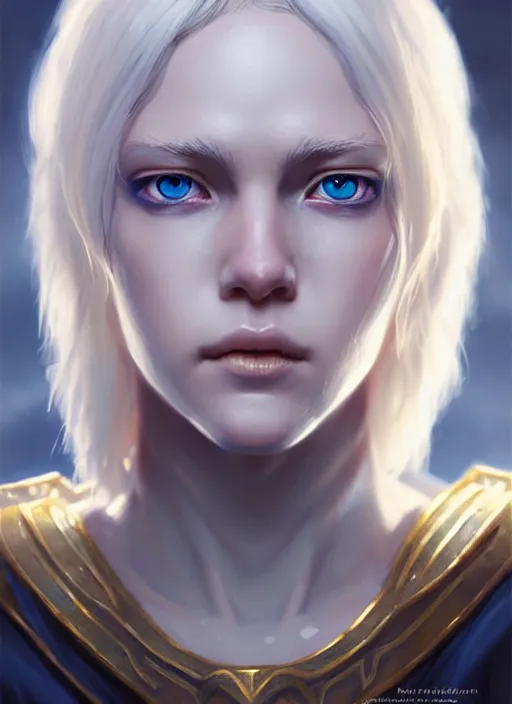 Image similar to a fantasy style portrait painting of shy white female paladin scarred left eye with blonde hair and blue eyes, holy oil painting unreal 5 daz. rpg portrait extremely detailed artgerm greg rutkowski _ greg