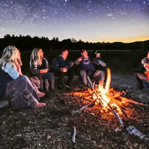 Image similar to A group of friends sit around a campfire, telling stories and laughing, the flames crackling and the stars shining bright overhead, as they enjoy each other's company on a clear night.