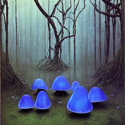 Image similar to Huge glowing blue mushrooms inside a rainforest, eerie, by Beksinski and Salvador Dali