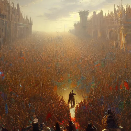 Image similar to artstation concept of a man in armor standing in a crowd gettig cheered, bright colorful, gold, hyperdetailed, artstation trending, world renowned artists, worth 1 0 0 0. com, historic artworks society, antique renewel, cgsociety, by greg rutkowski, by gustave dore, deviantart