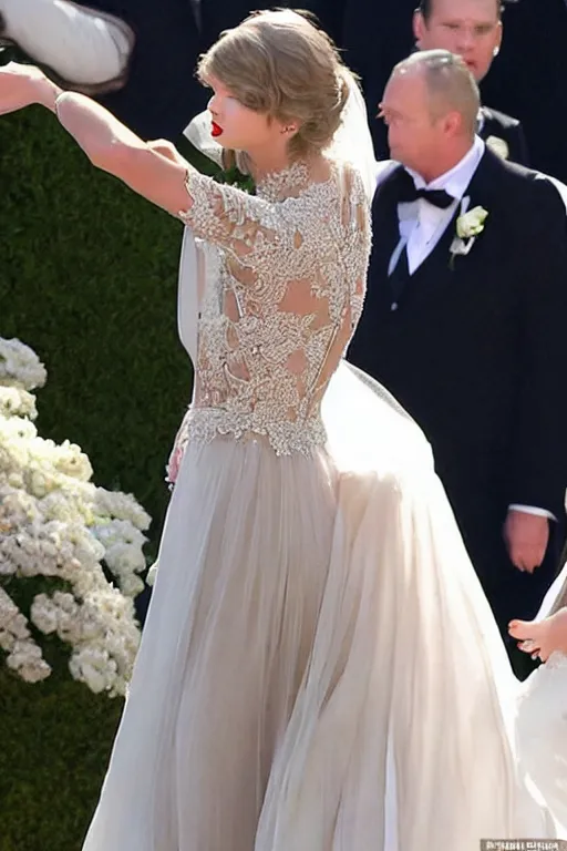 Image similar to medium - shot!!!!!!!!!!!! of taylor swift in a beautiful wedding dress, focus on face and facial details