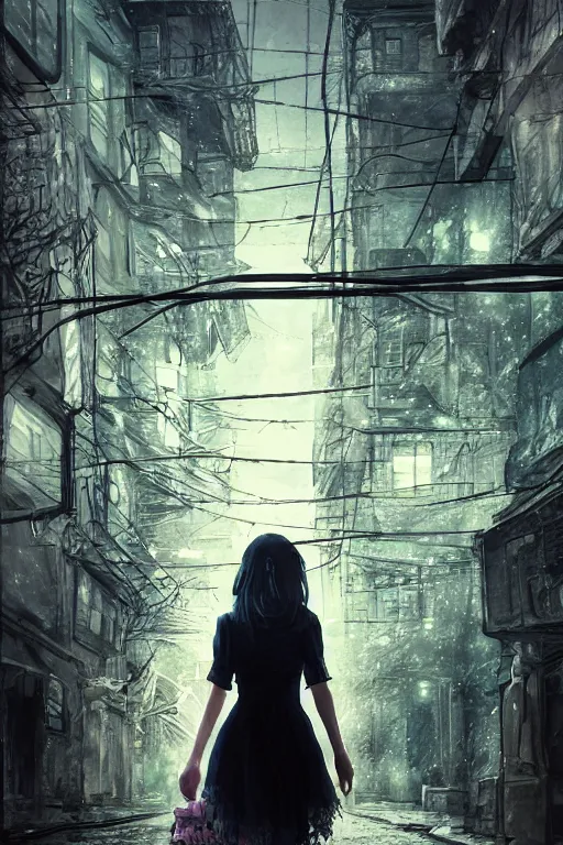 Prompt: a woman in a lace dress and thigh highs walking in a dark soviet city, digital illustration, beautiful face, volumetric, by makoto shinkai, by yoshitaka amano, by greg rutkowski, by dan mumford, highly detailed, composition, 4 k, forward facing pose, detailed street, photorealism, octane render