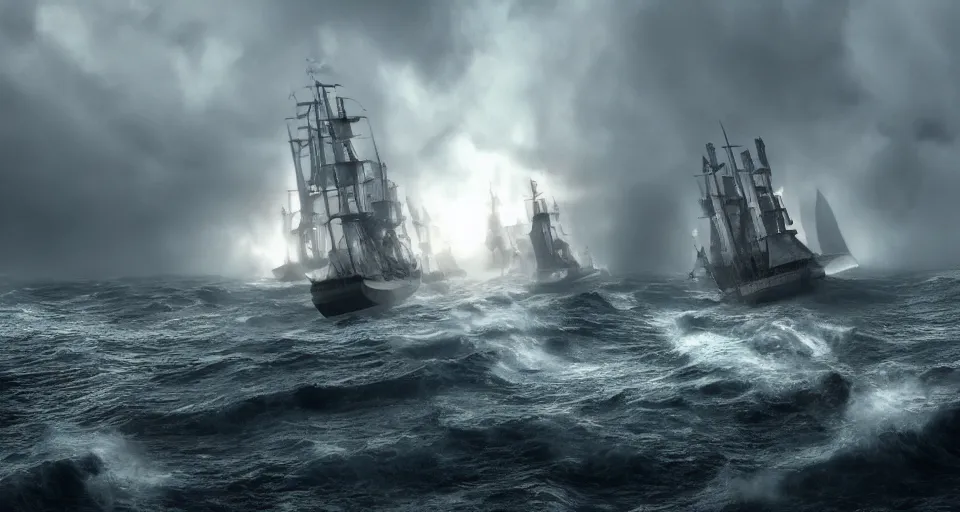 Prompt: giant sailing battleship with ten sails, raging sea foggy, dramatic, action scene, stormy background, shipfleet on the horizon, high detail, unreal engine, octane render, 8 k high definition, photorealistic